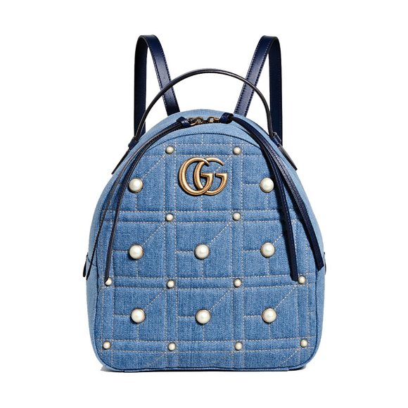 Gucci Gg Marmont Matelassé Denim Pearl Backpack - Picture 1 of 12